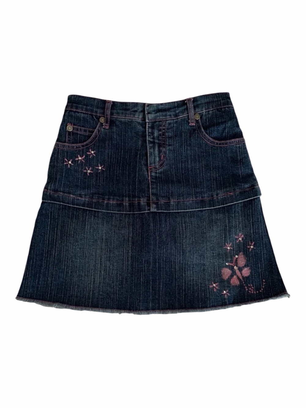 Wearever Girl Denim Skort Girls 6X Dark Blue Pink Butterfly Rhinestone Raw Hem